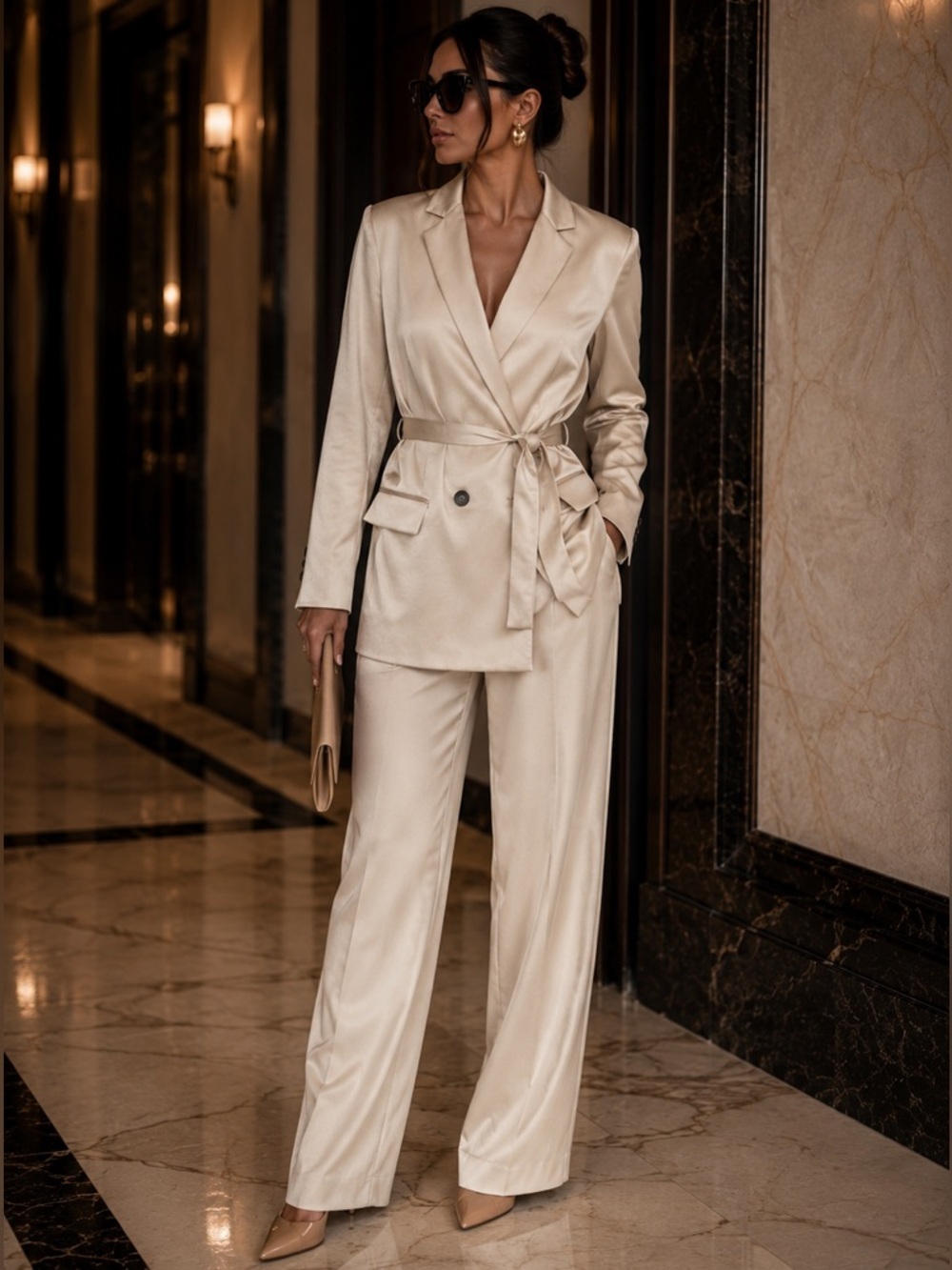 Theory Beige Double Breasted Belted Blazer Neutral Minimalist Luxe